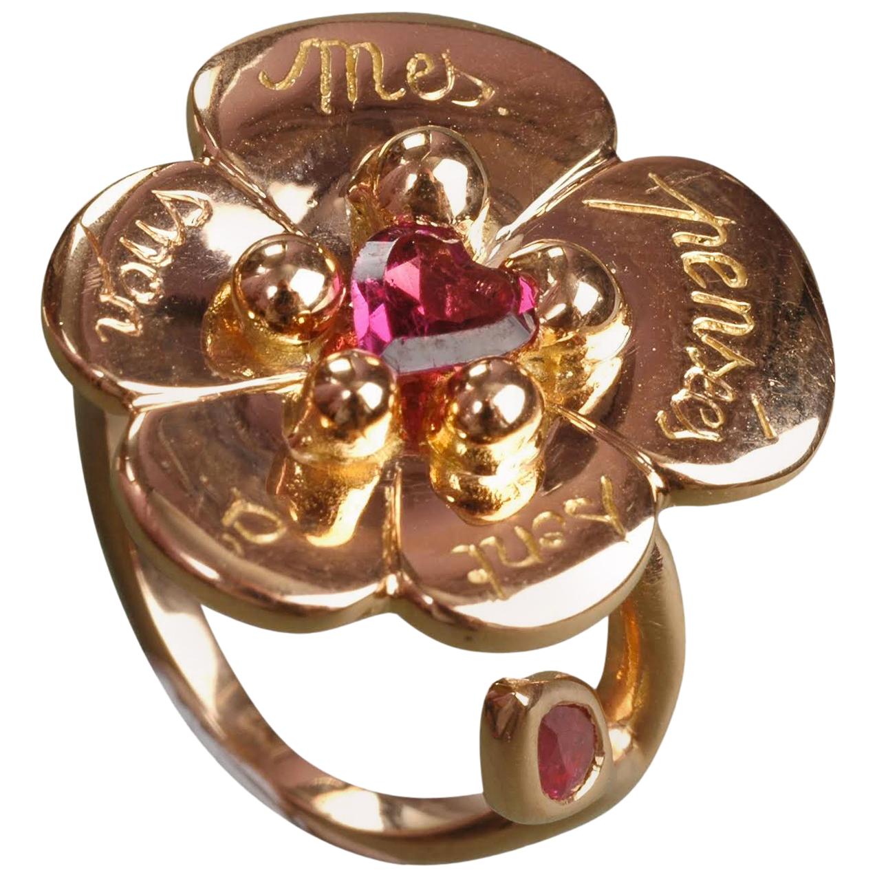 Sylvie Corbelin Limited Edition of an 18K Gold Pansy Ring with Rodholite Garnet For Sale