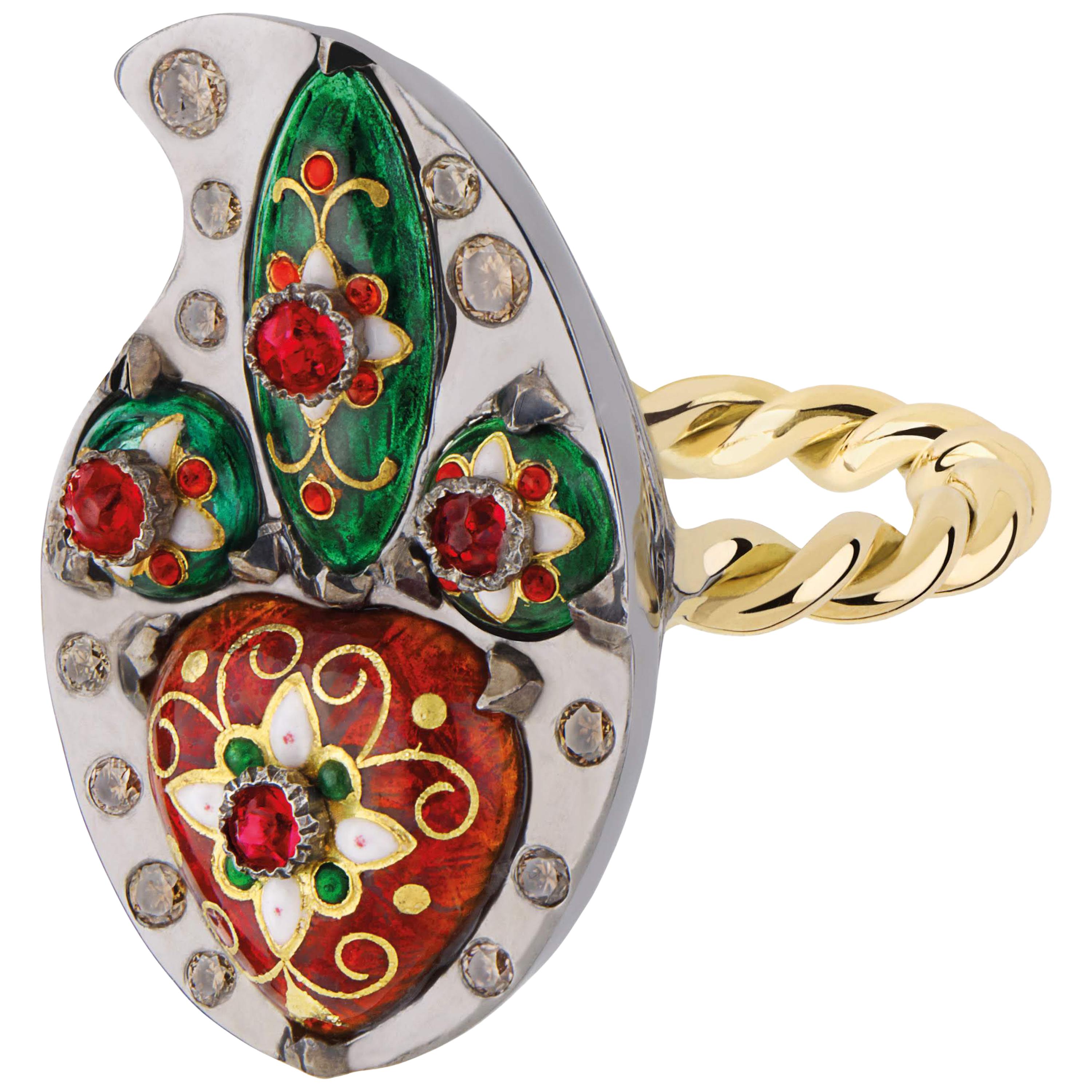 Sylvie Corbelin One of a Kind Paisley Shape Gold and Silver Ring with Enamel For Sale