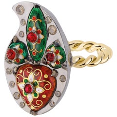 Sylvie Corbelin One of a Kind Paisley Shape Gold and Silver Ring with Enamel