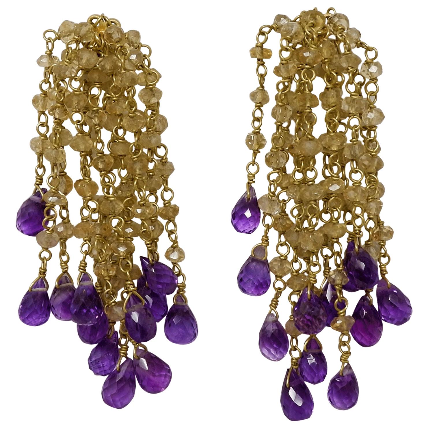 18 Karat Citrine and Amethyst Gold Bead Earrings For Sale