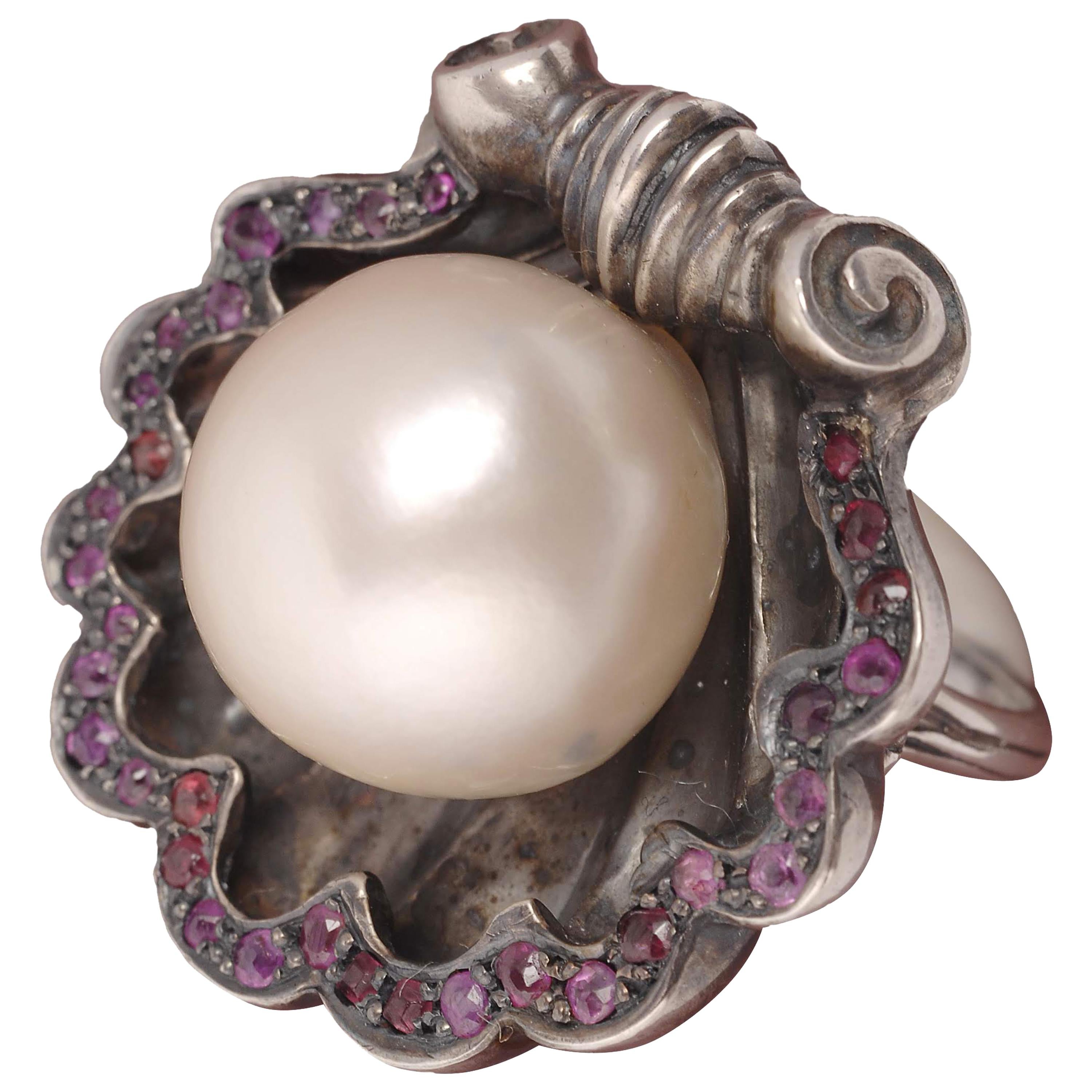 Sylvie Corbelin Unique Shell Shape Ring with a South-Sea Pearl and Rubies For Sale