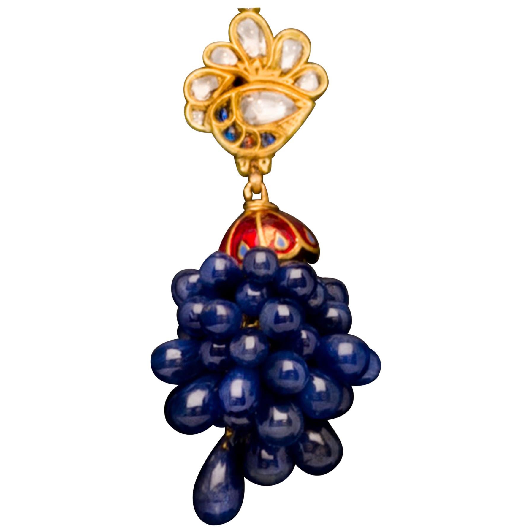 Enamel Blue Sapphire Diamond and Gold Peacock Pendant Necklace For Sale