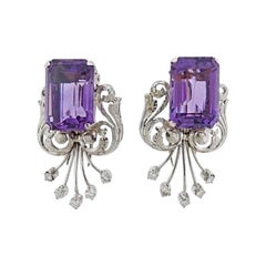 Vintage Midcentury 18 Karat Amethyst Diamond Double Clips / Brooches / Pins