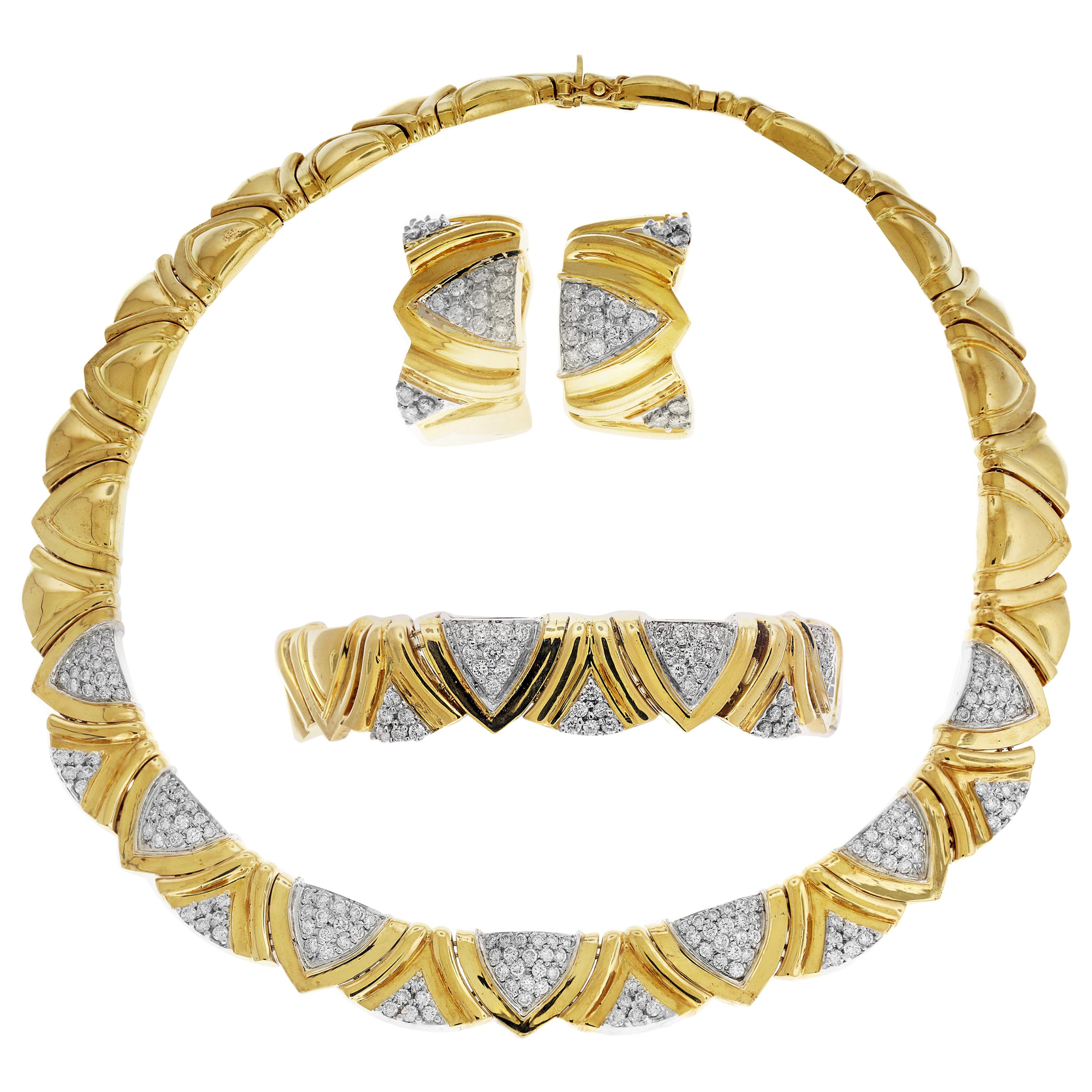 1980s Simayof Yellow Gold and Diamond Necklace Bracelet Earring Set
