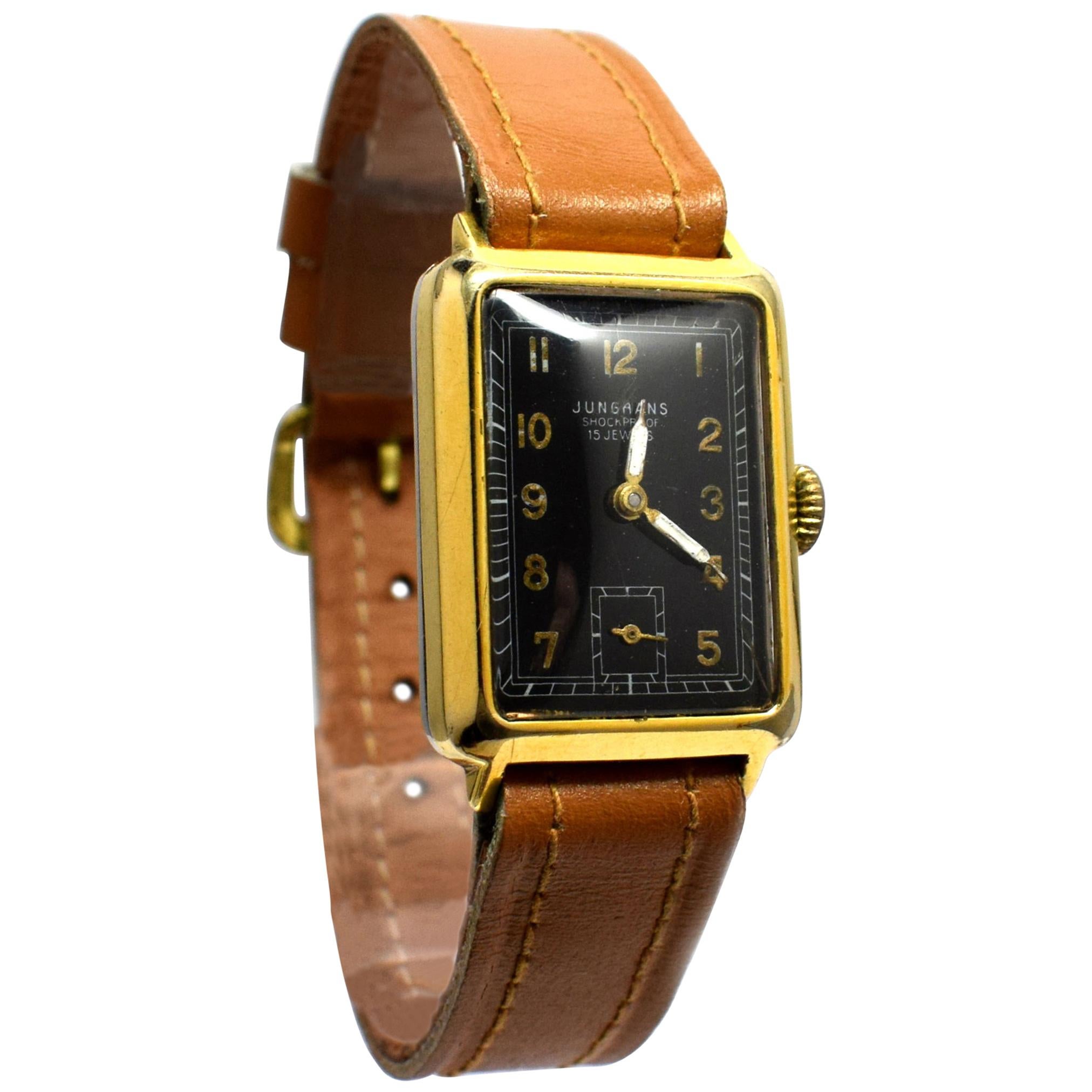 Art Deco 14 Karat Gold-Plated Gents Wristwatch by Junghans