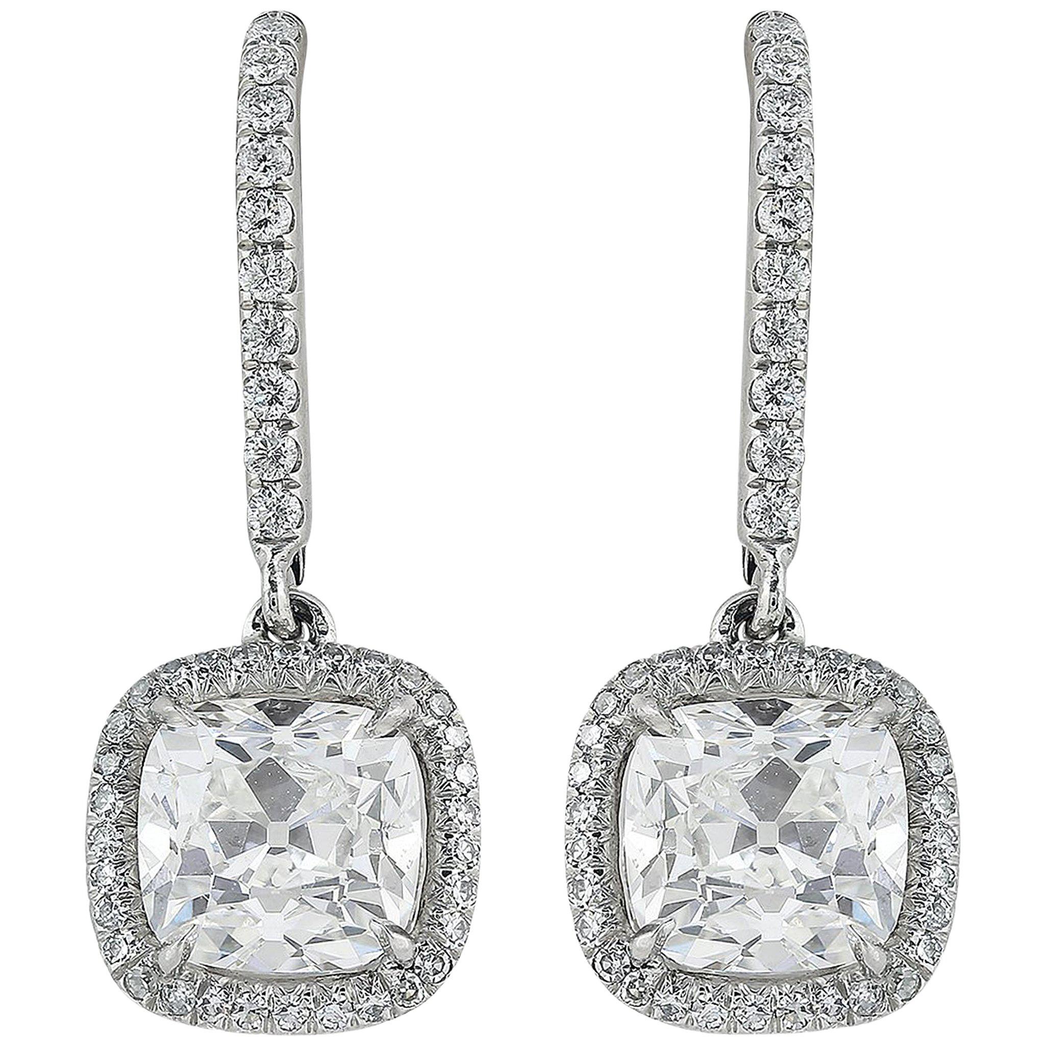 3.68 Carat Weight Cushion Cut Diamond Drop Earrings Platinum For Sale