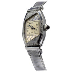 1930s Ladies Art Deco White 14 Karat Gold Enamel Watch