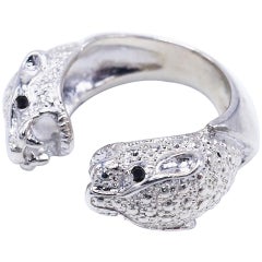 Bague cocktail Jaguar à double tête en argent sterling et diamant noir J Dauphin