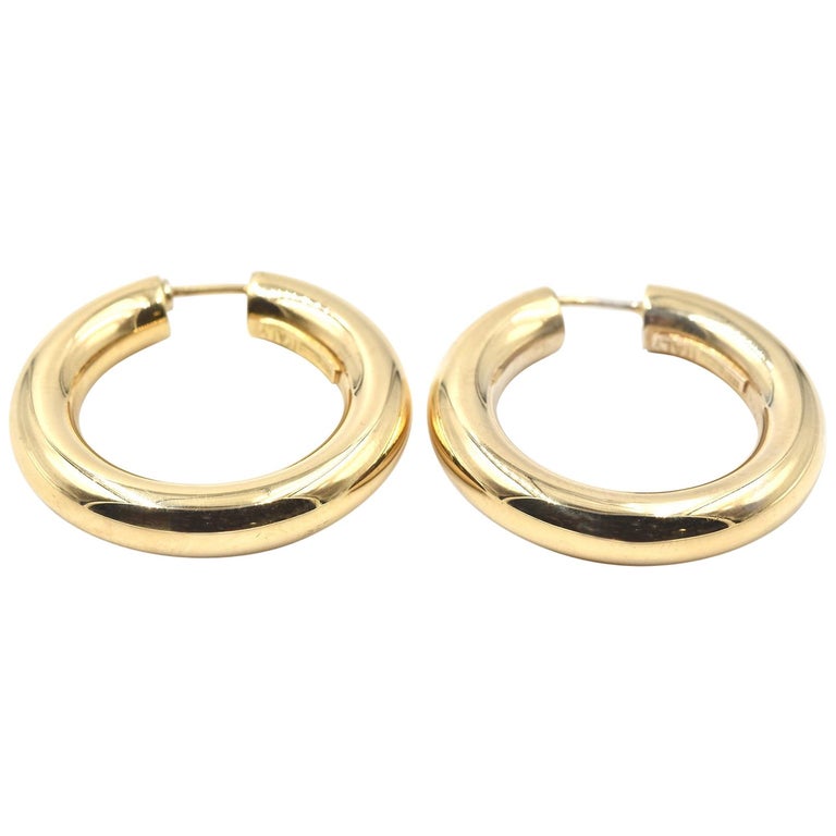 18 Karat Yellow Gold Heavy Hoop Earrings at 1stDibs