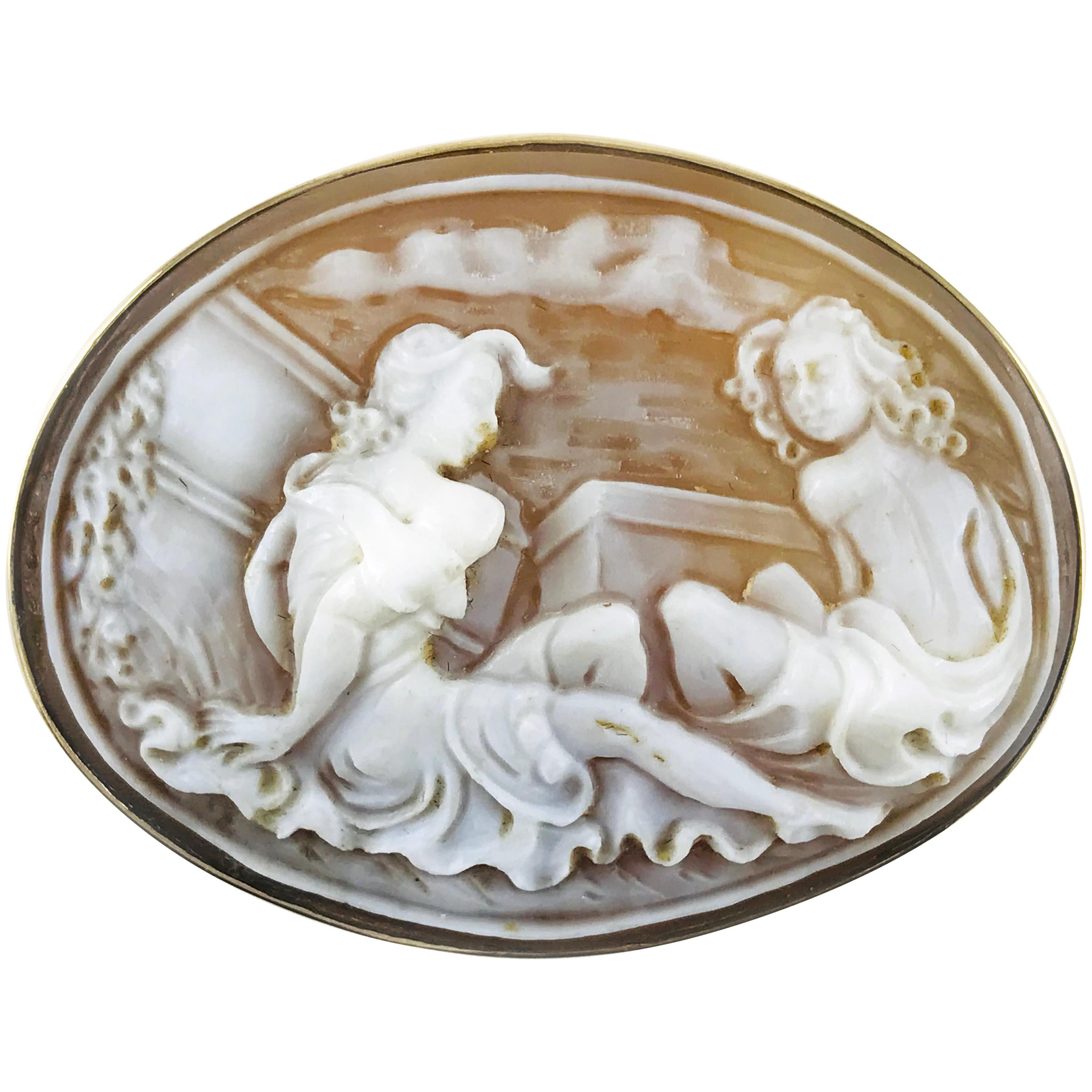 14 Karat Gold Shell Cameo Brooch Pendant, Sitting Pretty For Sale