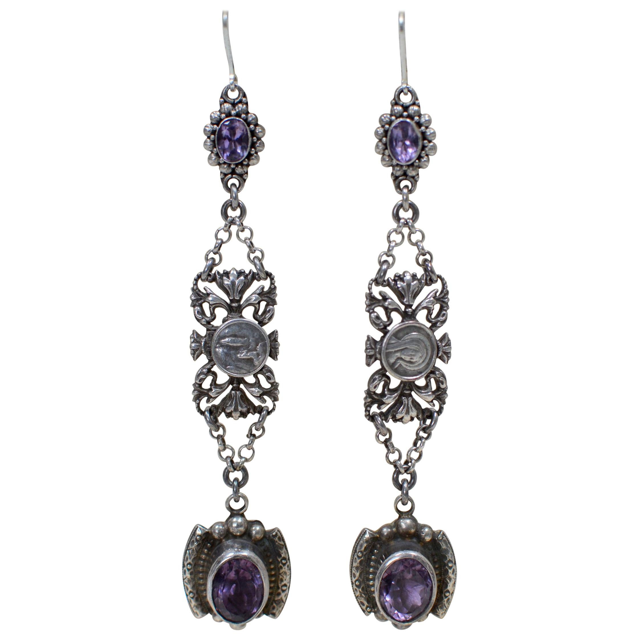 Jill Garber Amethyst Drop Earrings with Antique French Sacred Heart Medals