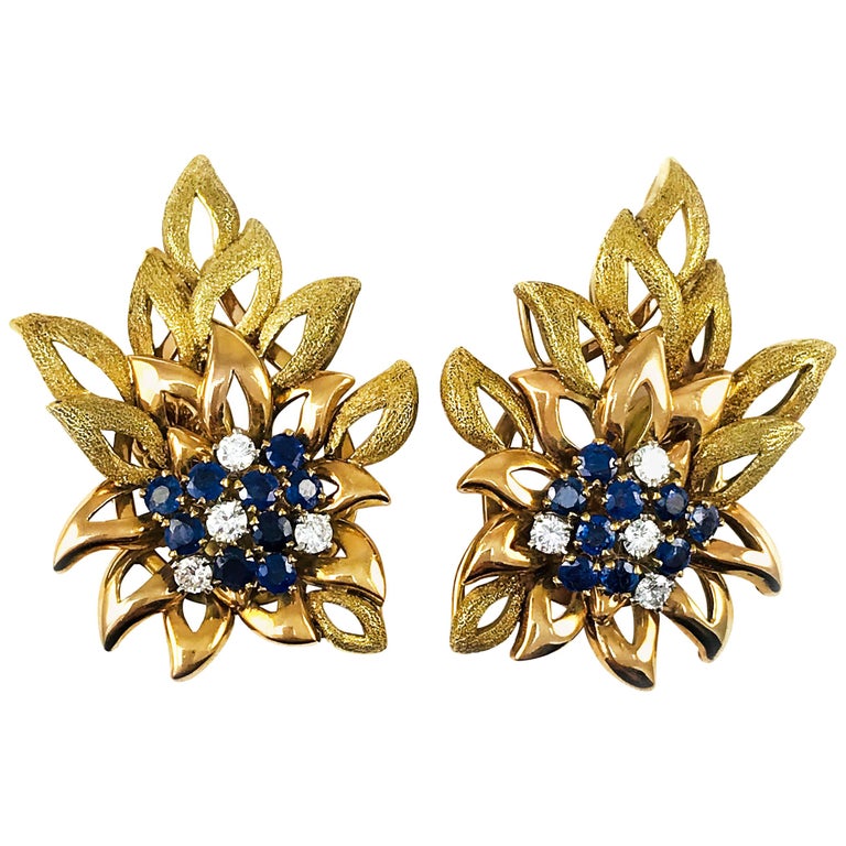 TwoTone Gold Sapphire Diamond ClipOn Earrings For Sale at 1stDibs