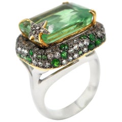 Important 13.58 Carat Fluorite Gold Ring Tsavorite Smoky Topaz