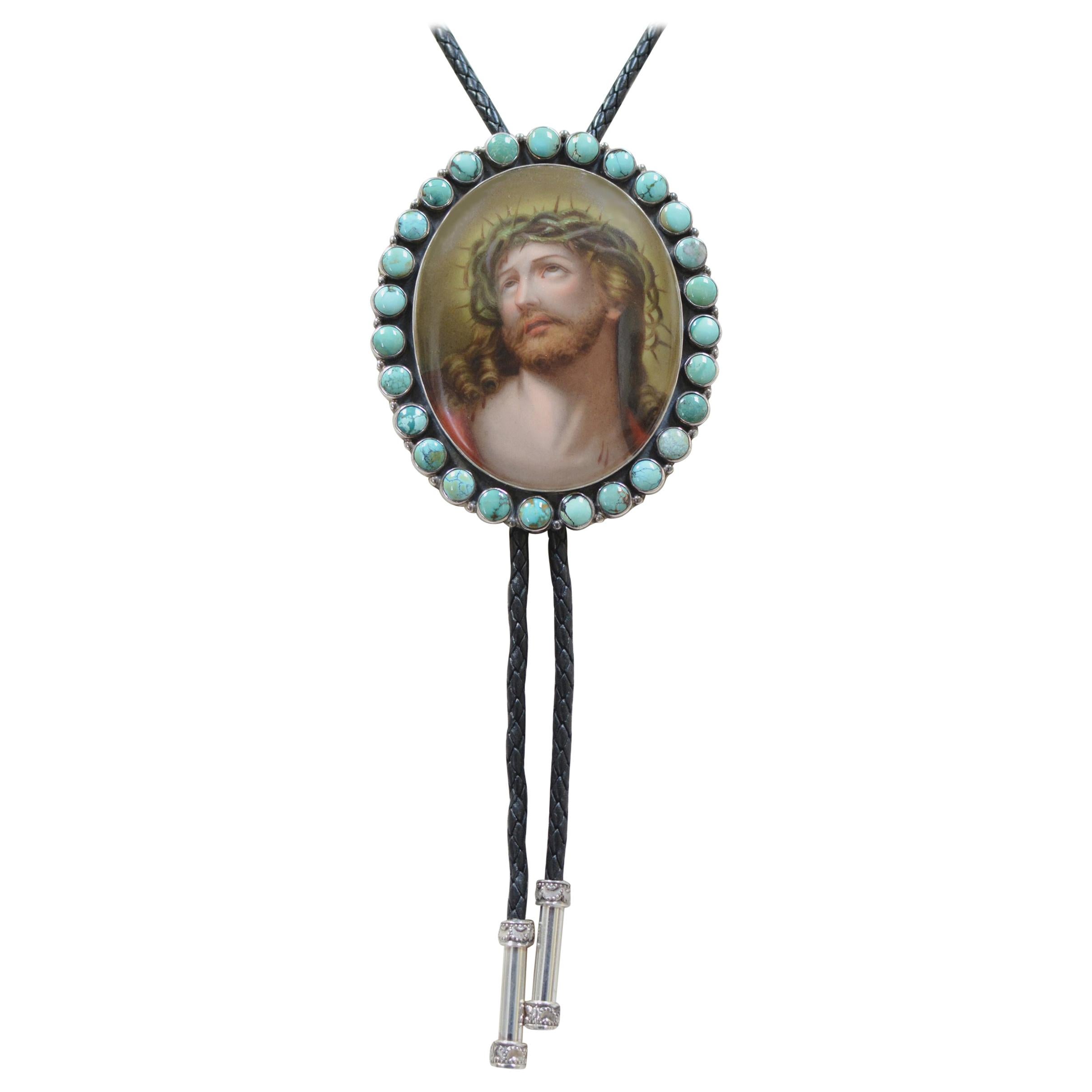 Jill Garber Nineteenth Century Porcelain Portrait of Christ Bolo with Turquoise For Sale