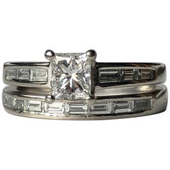 Platinum Princess Cut White Diamond Wedding Set Engagement Ring and Band .85ct