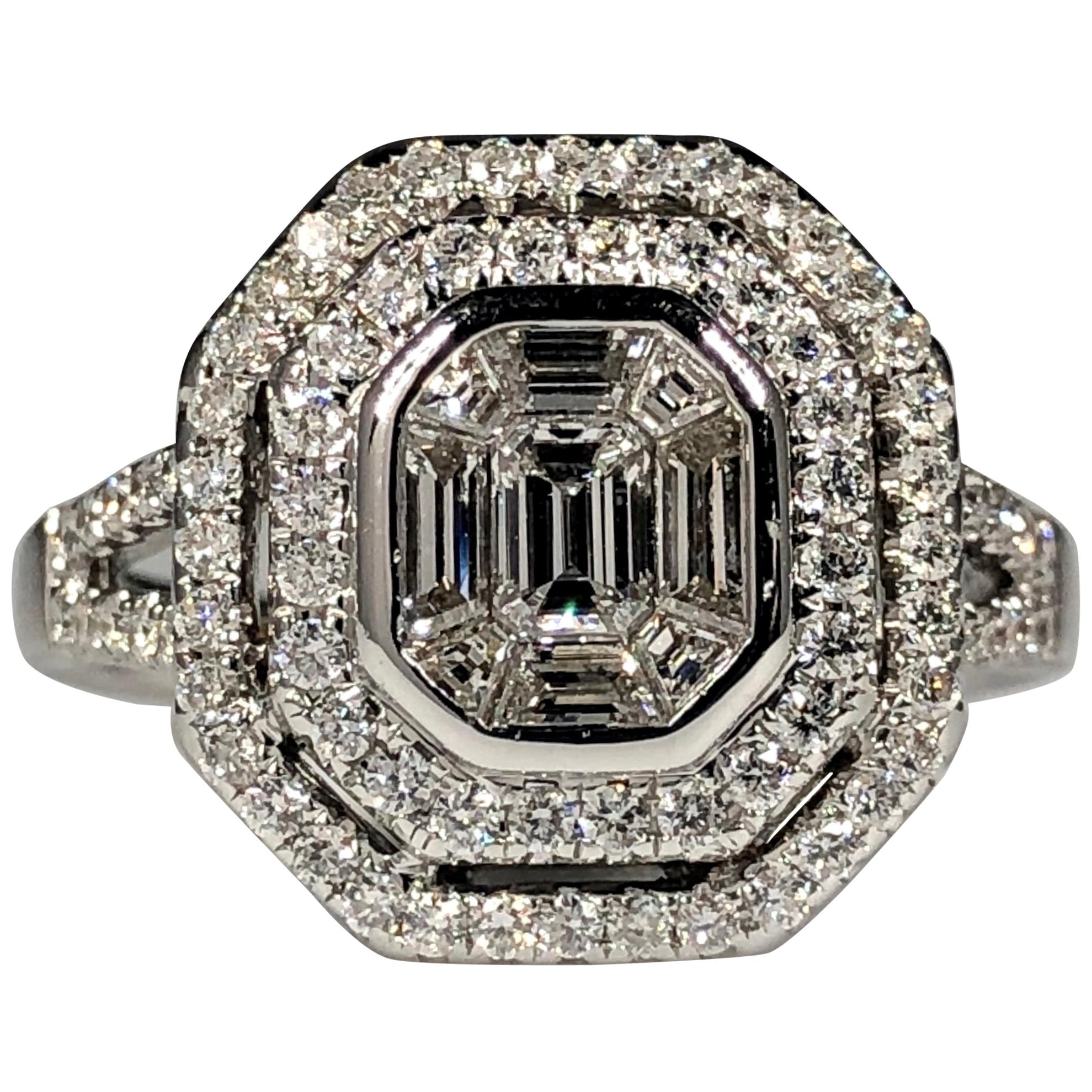 White Diamond Cluster Ring Round Brilliant Cut Halo & Baguette Cut 1.50ct 18k