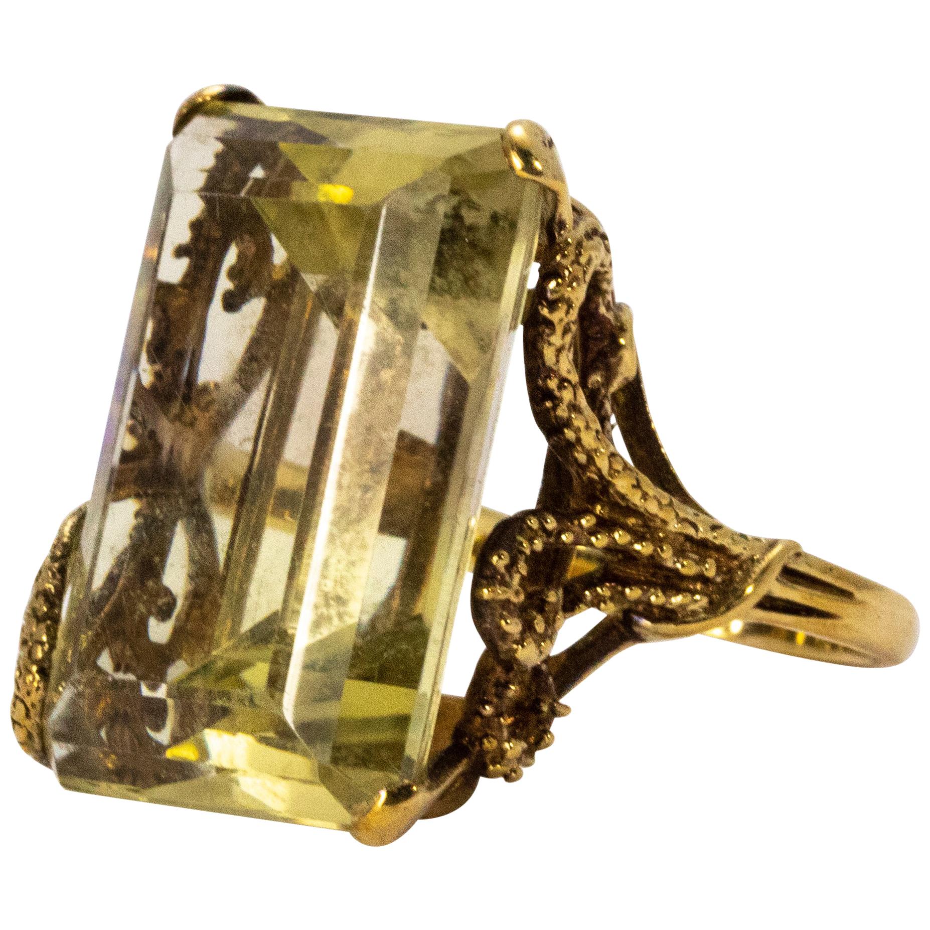 Large 1940s Gold Citrine Dress Ring with Ornate Gold Shank