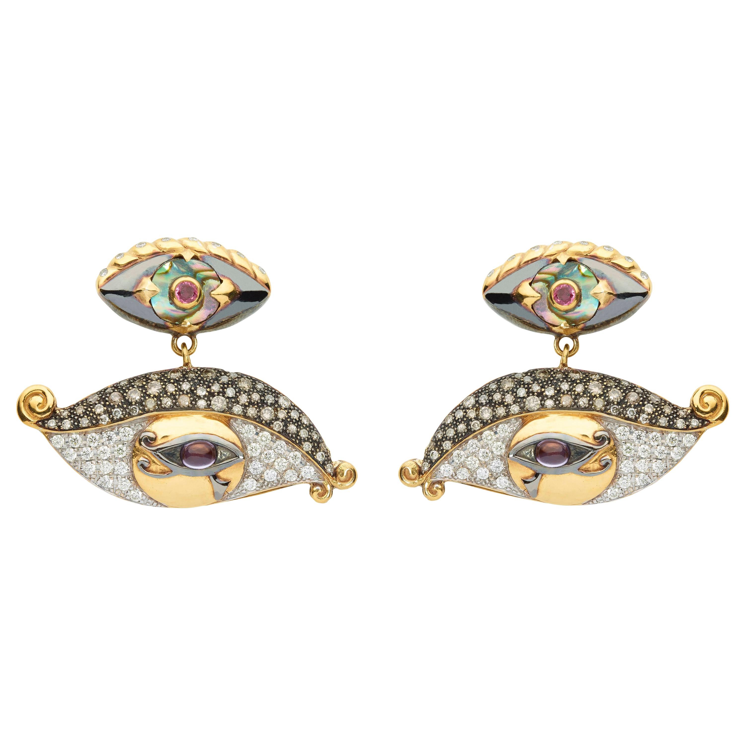 Sylvie Corbelin Unique Eye Shape Earrings in Gold and Silver with Diamonds For Sale