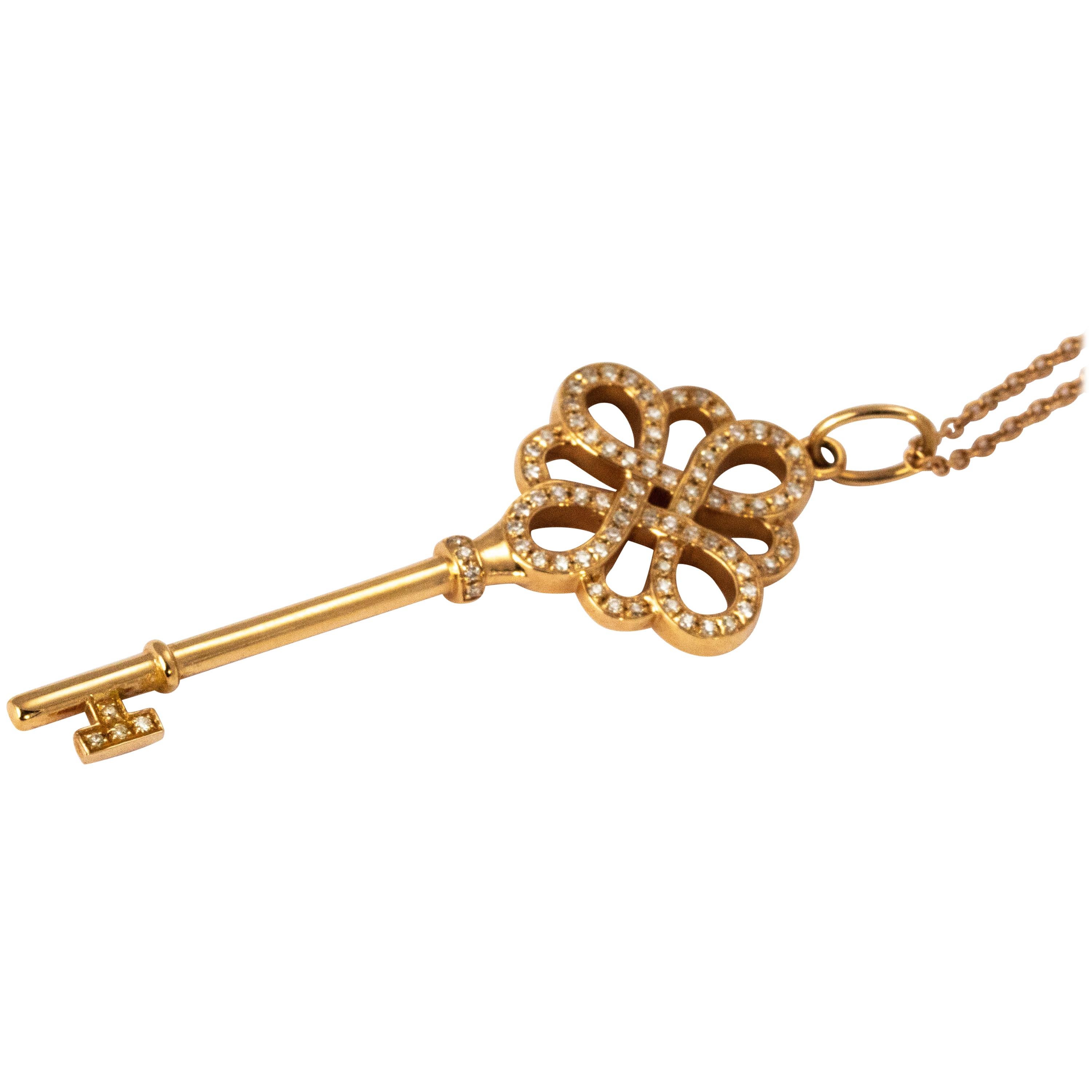 Tiffany & Co. Diamond 18 Karat Rose Gold Knot Key Pendant Necklace