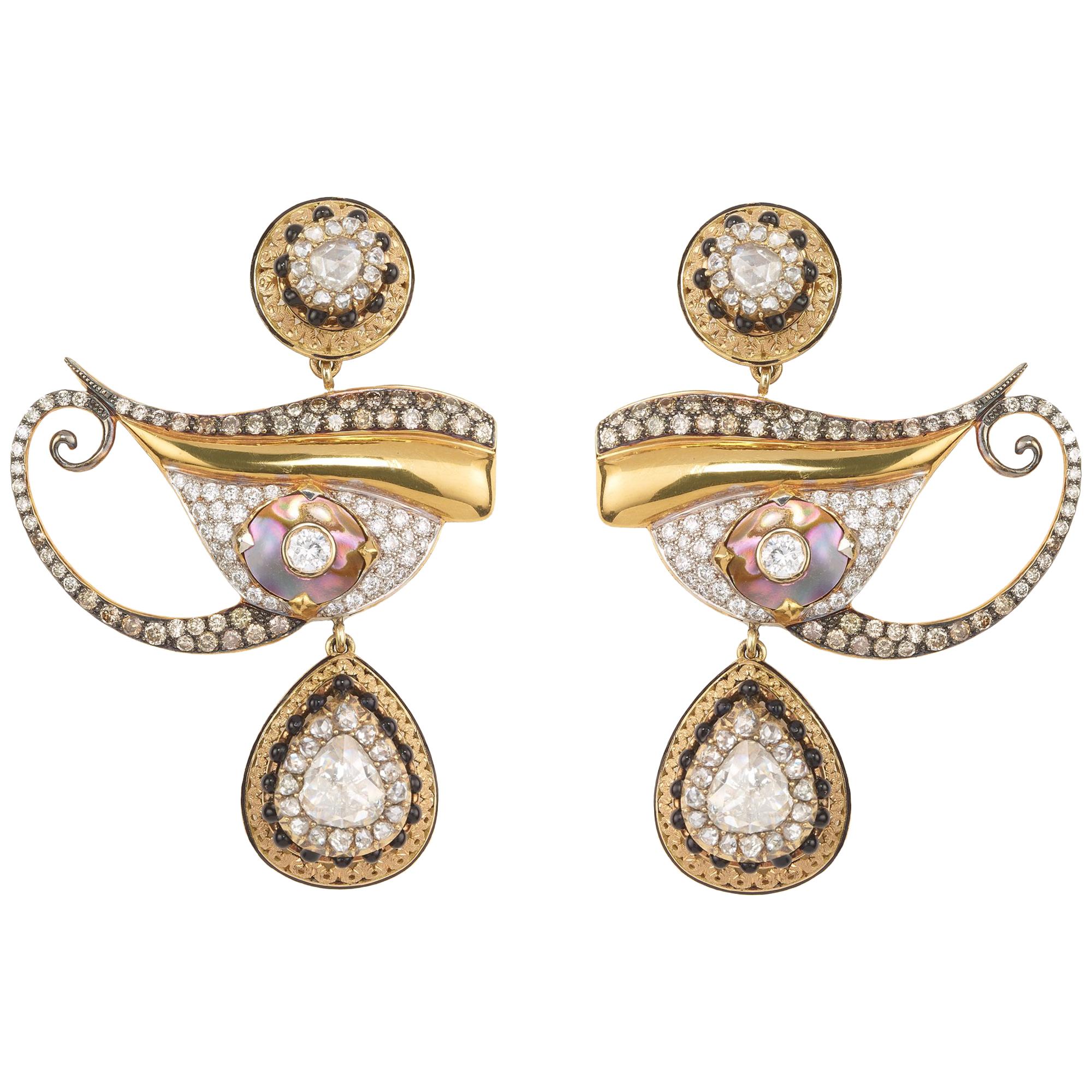 Sylvie Corbelin One of A Kind Eye Shape Pair of Earrings with Rosecut Diamonds
