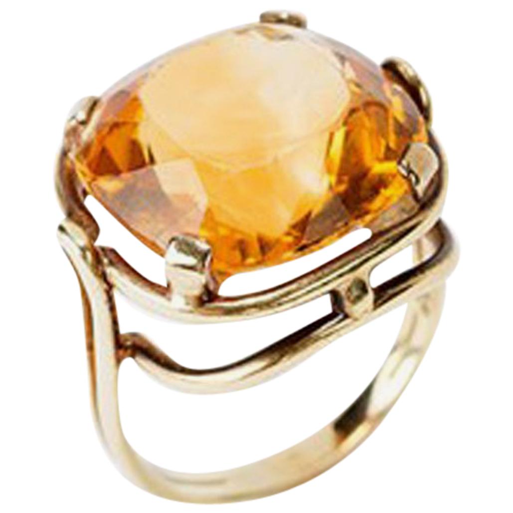 Gold Ring with Cushion Cut Citrine, 14 Carat, 1920s
