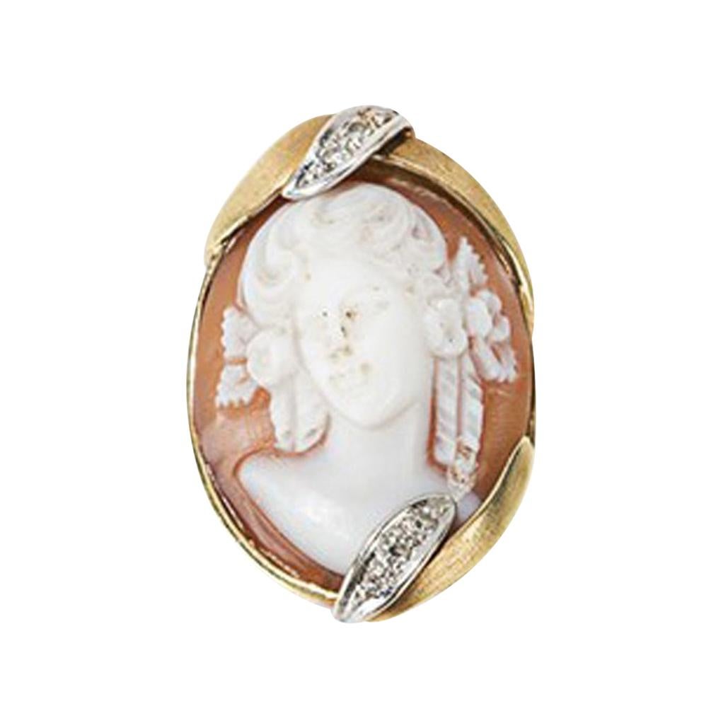 Gold Ring with Shell Cameo and Diamonds, Late 19th Century