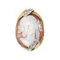 Gold Ring with Shell Cameo and Diamonds, Late 19th Century