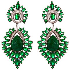 Green Emerald Chandelier Earrings Grey Rhodium