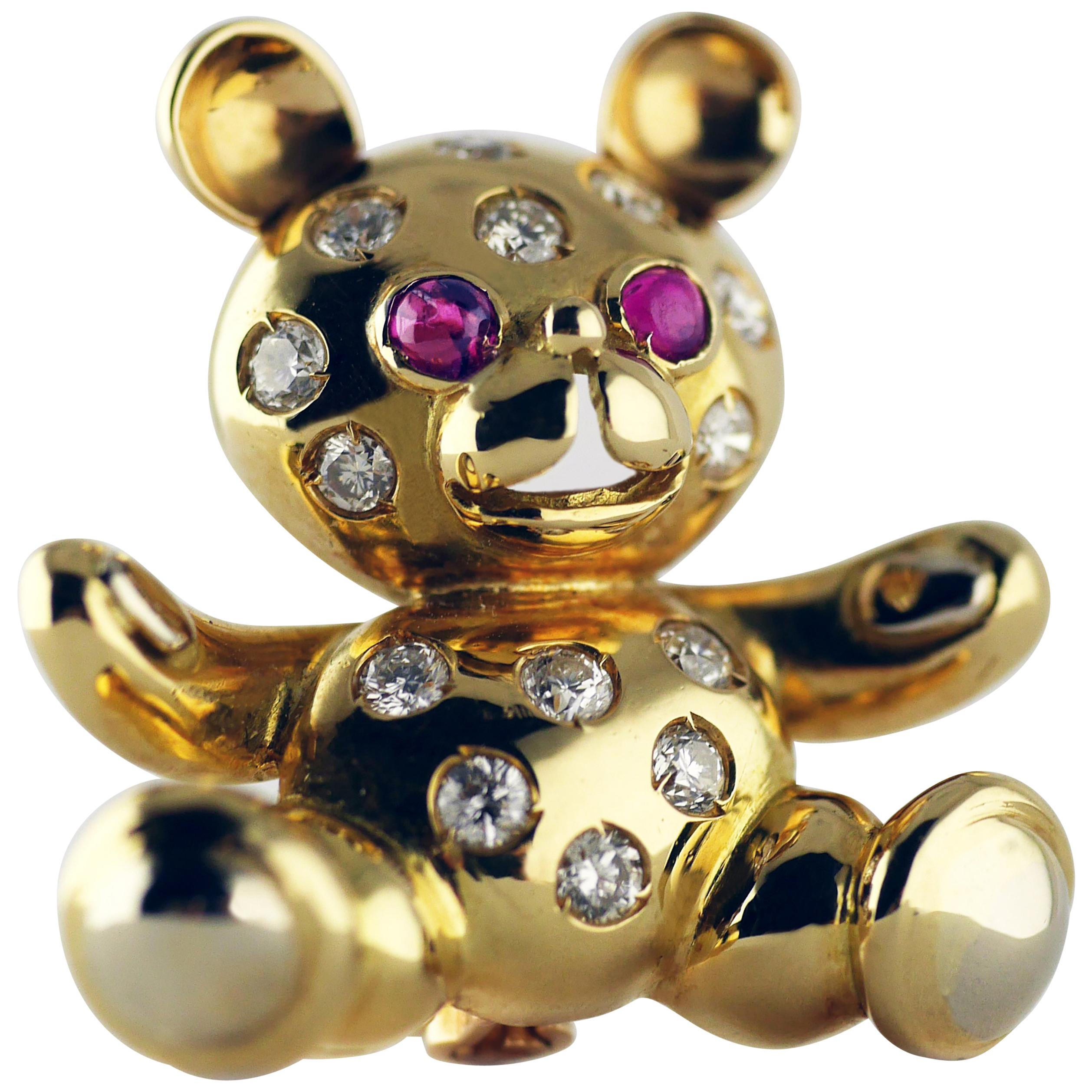 Teddybär-Brosche aus Gold mit Rubinen und Diamanten, um 1960
