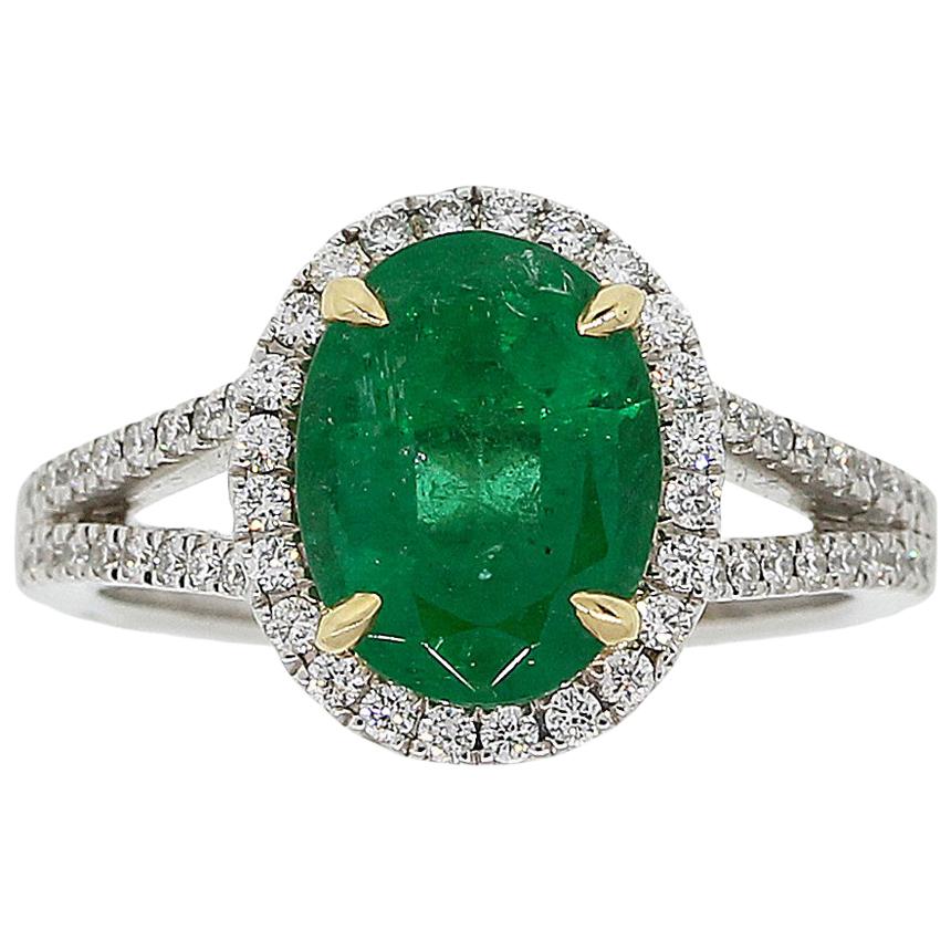 GIA Certified 2.47 Carat Oval Emerald and Round Brilliant Diamond Ring