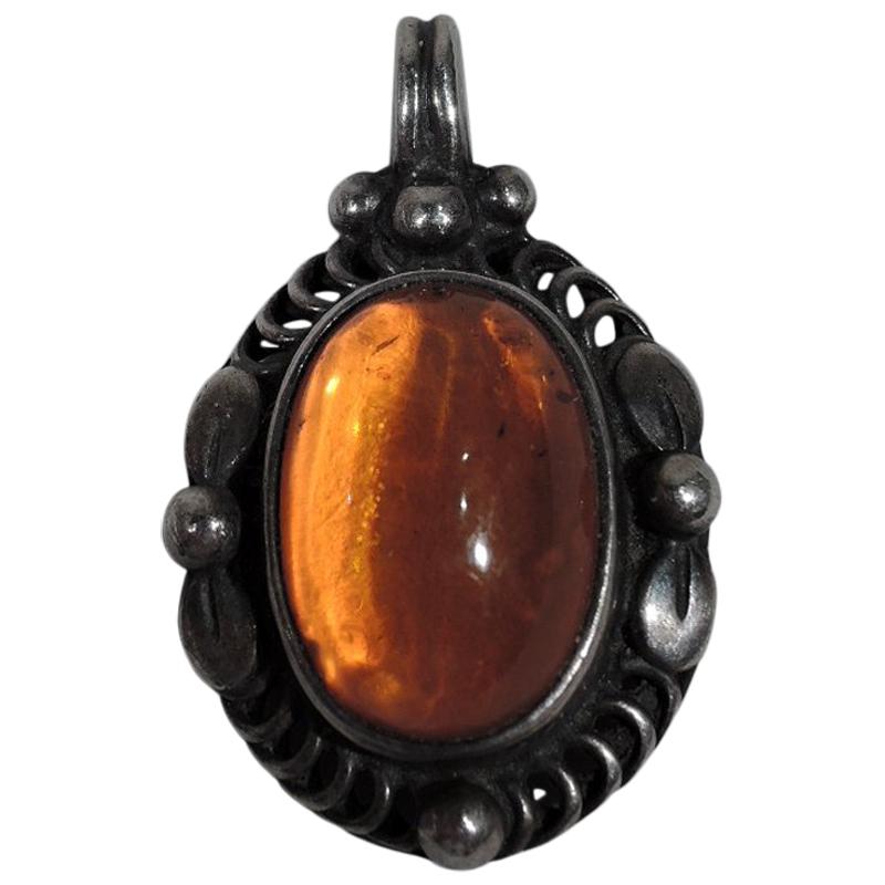 Georg Jensen Art Nouveau Sterling Silver and Amber Pendant