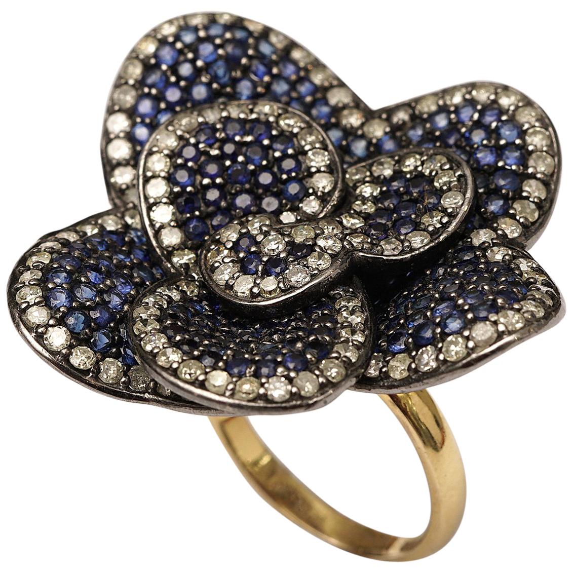 Flower Ring of Pave`-Set Blue Sapphires and Diamonds, Gold Band