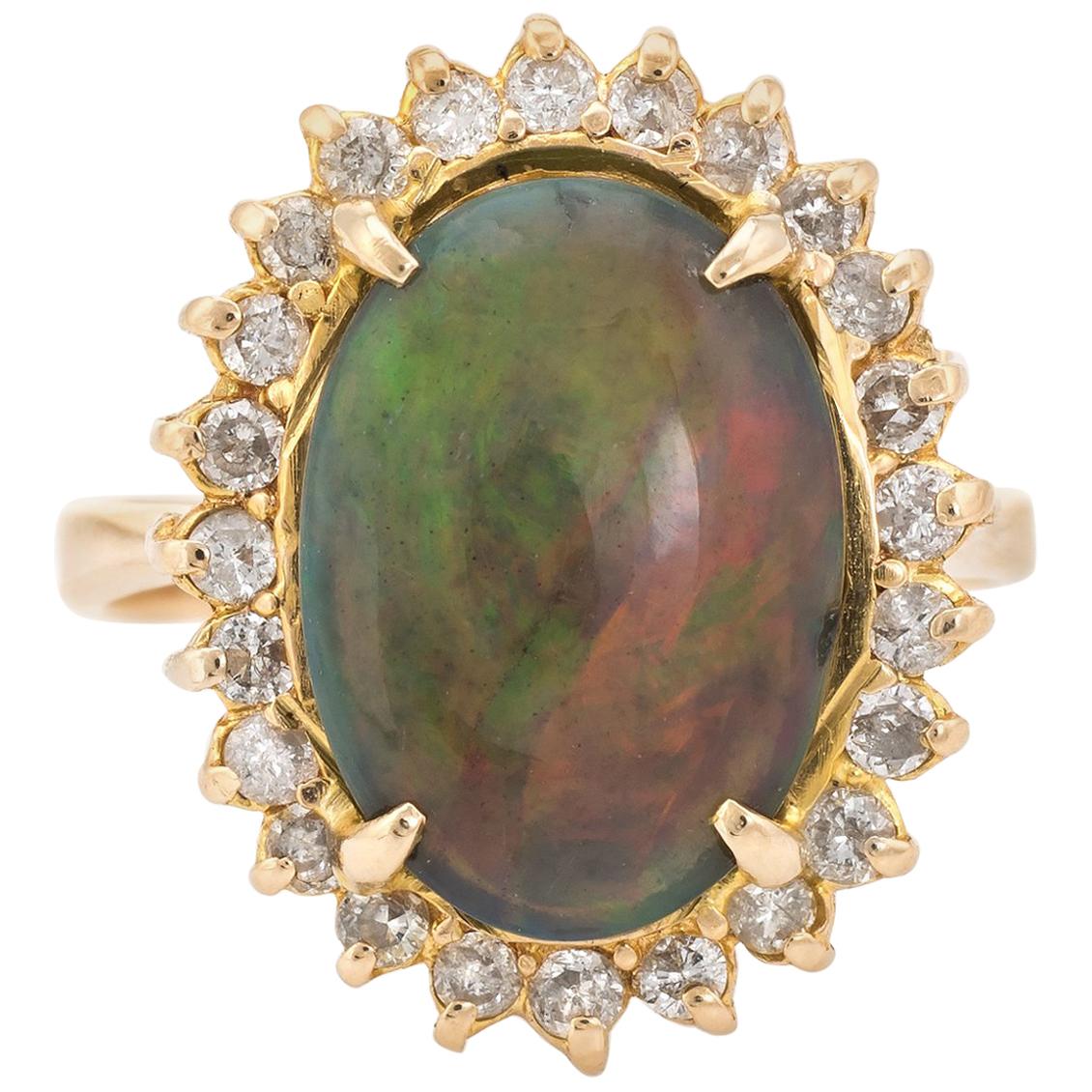 Vintage Natural Black Opal Diamond Ring 18 Karat Yellow Gold Cocktail Statement