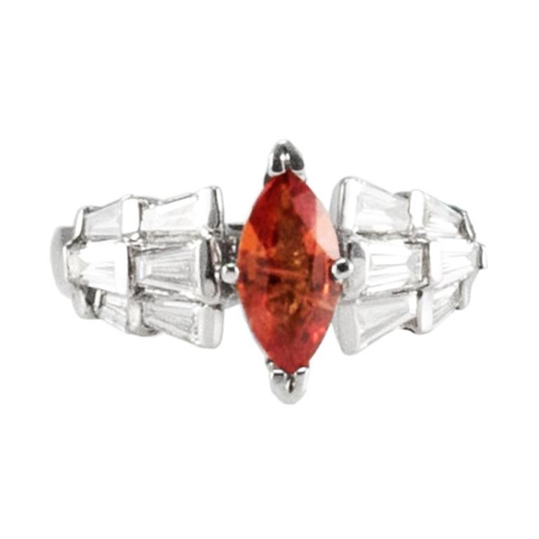 0.89 Carat Marquise Orange Sapphire and Baguette Diamond Cocktail Ring