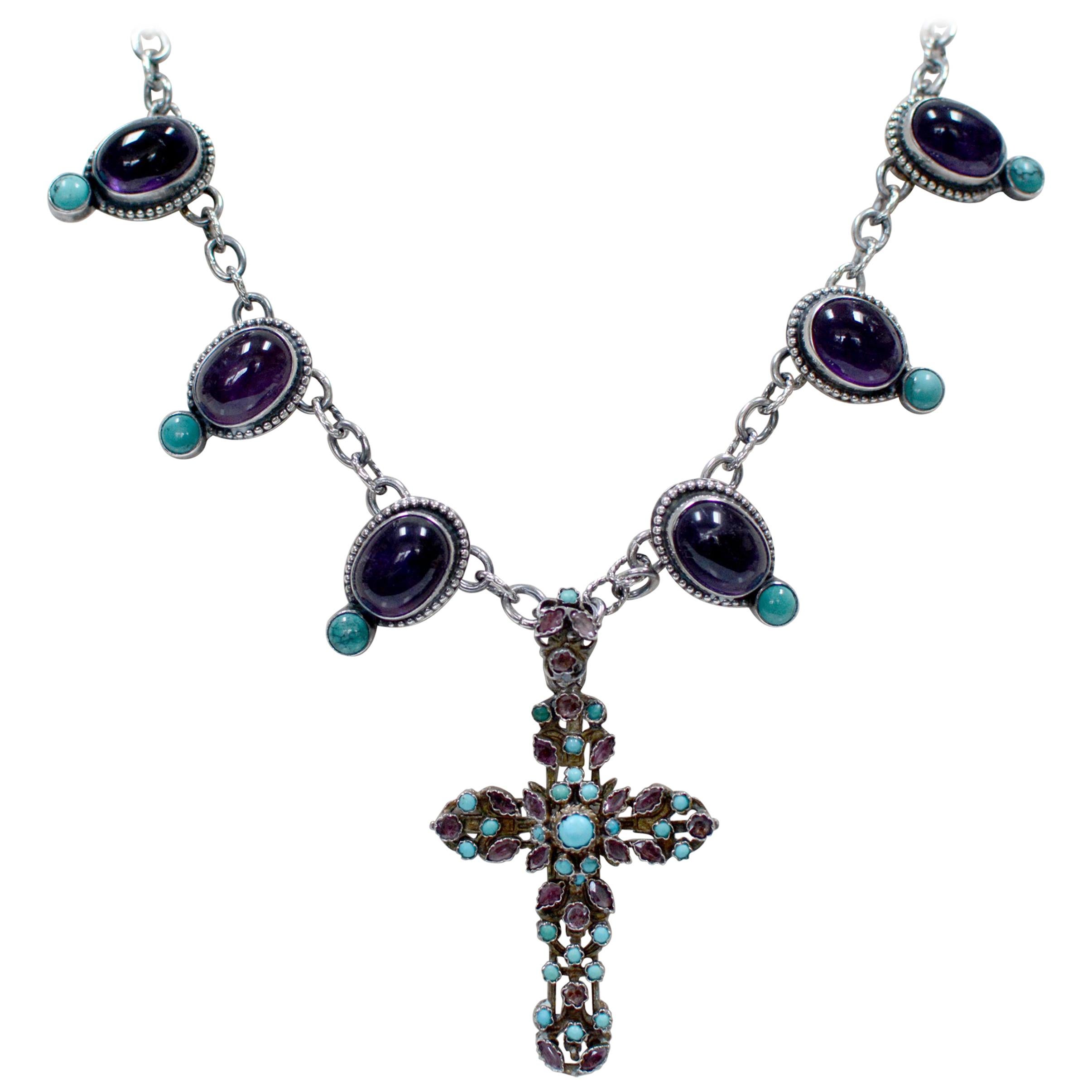 Jill Garber Antique Austro Hungarian Cross Necklace with Turquoise and Amethyst For Sale