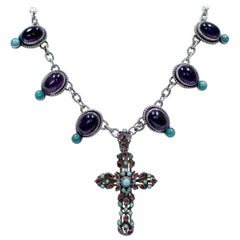Jill Garber Antique Austro Hungarian Cross Necklace with Turquoise and Amethyst