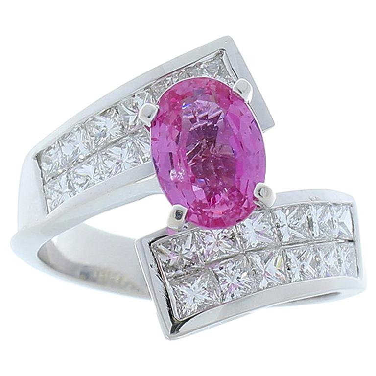 1.90 Carat Oval Pink Sapphire and Princess Cut Diamond Platinum Cocktail Ring