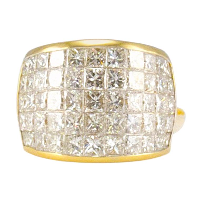 8.72 Carat Total Invisible Set Princess Cut Diamond Yellow Gold Cocktail Ring