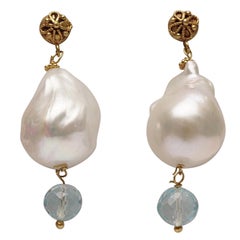 22 Karat Gold Baroque Pearl and Aquamarine Drop Earrings