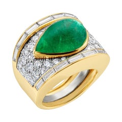 David Webb Pear Cabochon Emerald with Diamonds 18 Karat Gold and Platinum Ring