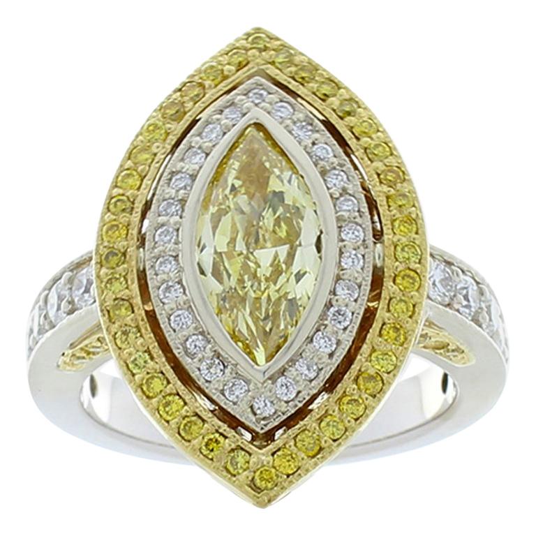 1.04 Carat Fancy Intense Yellow Marquise Diamond Two-Tone Cocktail Ring
