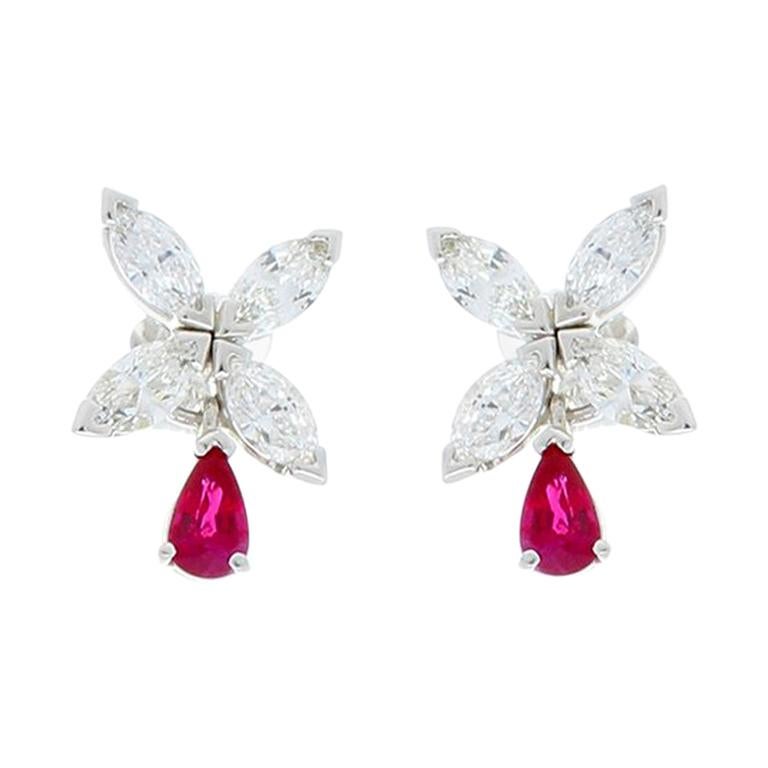 0.59 Carat Pear Shape Ruby and 1.21 Carat Marquise Diamond White Gold Earrings
