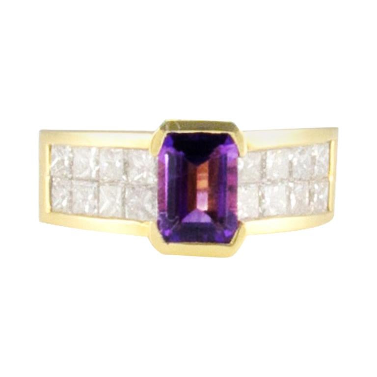 1.31 Carat Total Emerald Cut Amethyst and Princess Cut Diamond Cocktail Ring