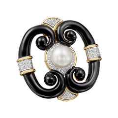 David Webb 18 Karat Gold and Platinum South Sea Pearl, Black Enamel, Diamond Pin Vintage David Webb 18 Karat Gold and Platinum South Sea Pearl, Black Enamel, Diamond Pin