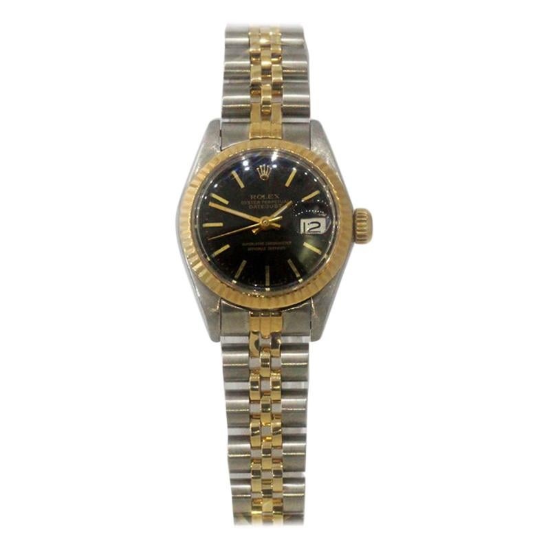 Rolex Datejust Ladies Two-Tone 18 Karat and Stainless Black Dial For Sale