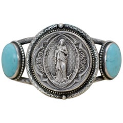 Jill Garber Antique French Sacred Heart Medal with Turquoise Cuff Bracelet