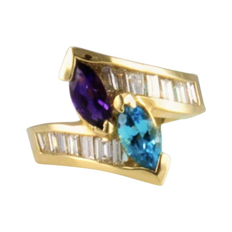1.40 Carat Total Marquise Amethyst Blue Topaz and Baguette Diamond Cocktail Ring