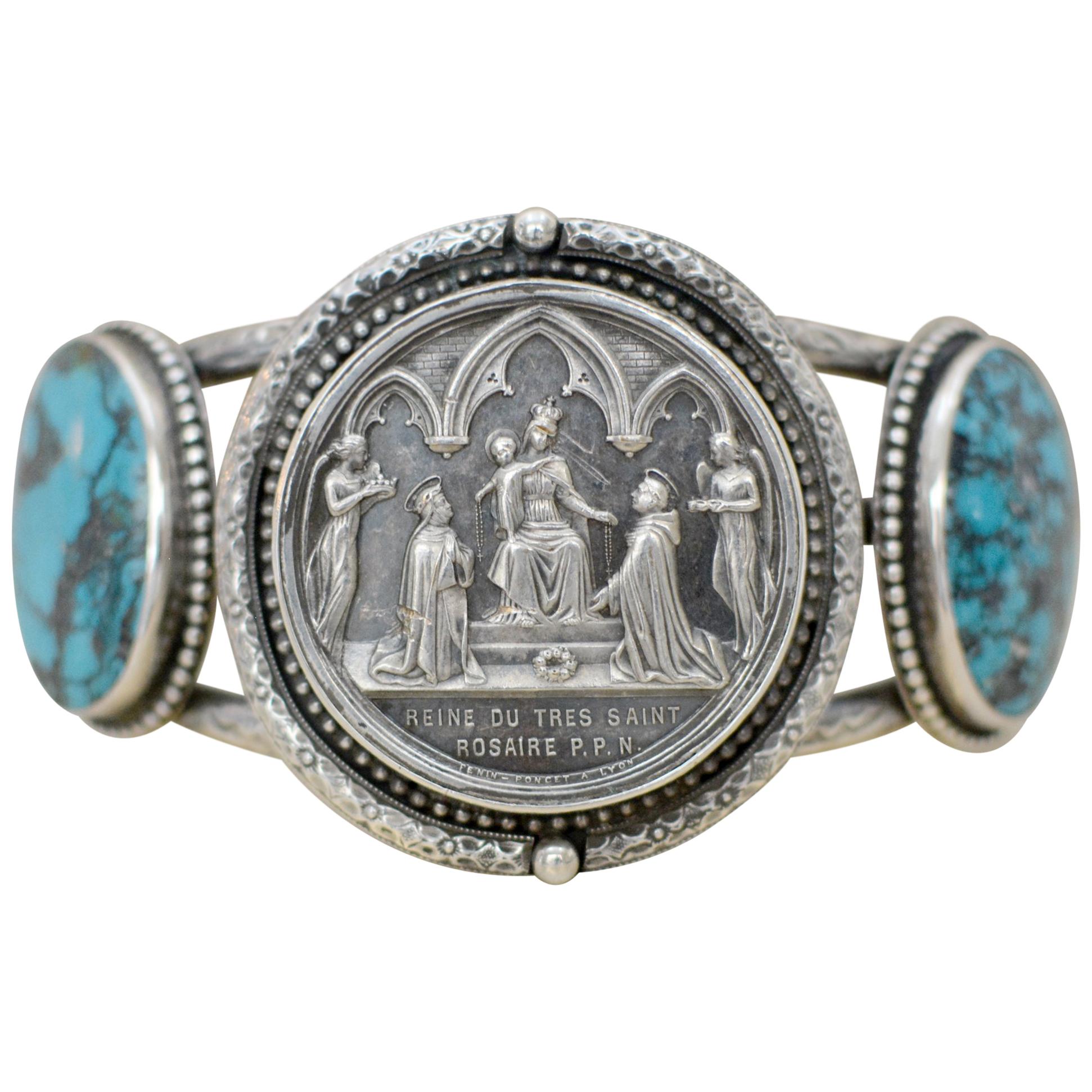 Jill Garber Antique French Wedding Medal with Turquoise Cuff Bracelet For Sale