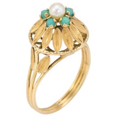 Vintage Domed Turquoise Cocktail Ring 18 Karat Yellow Gold Cultured Pearl Estate