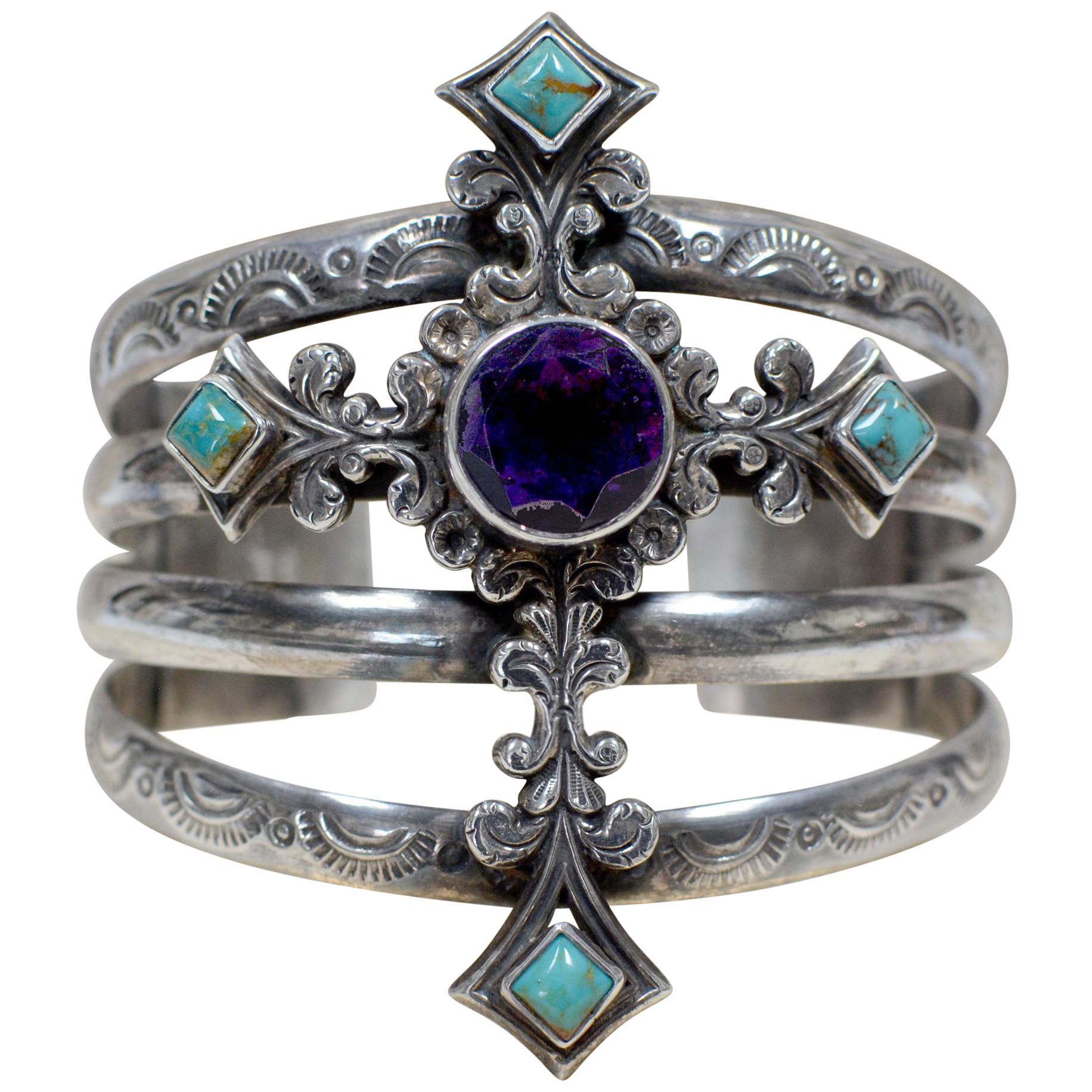 Jill Garber Art Nouveau Figural Cross Cuff Bracelet with Amethyst and Turquoise 